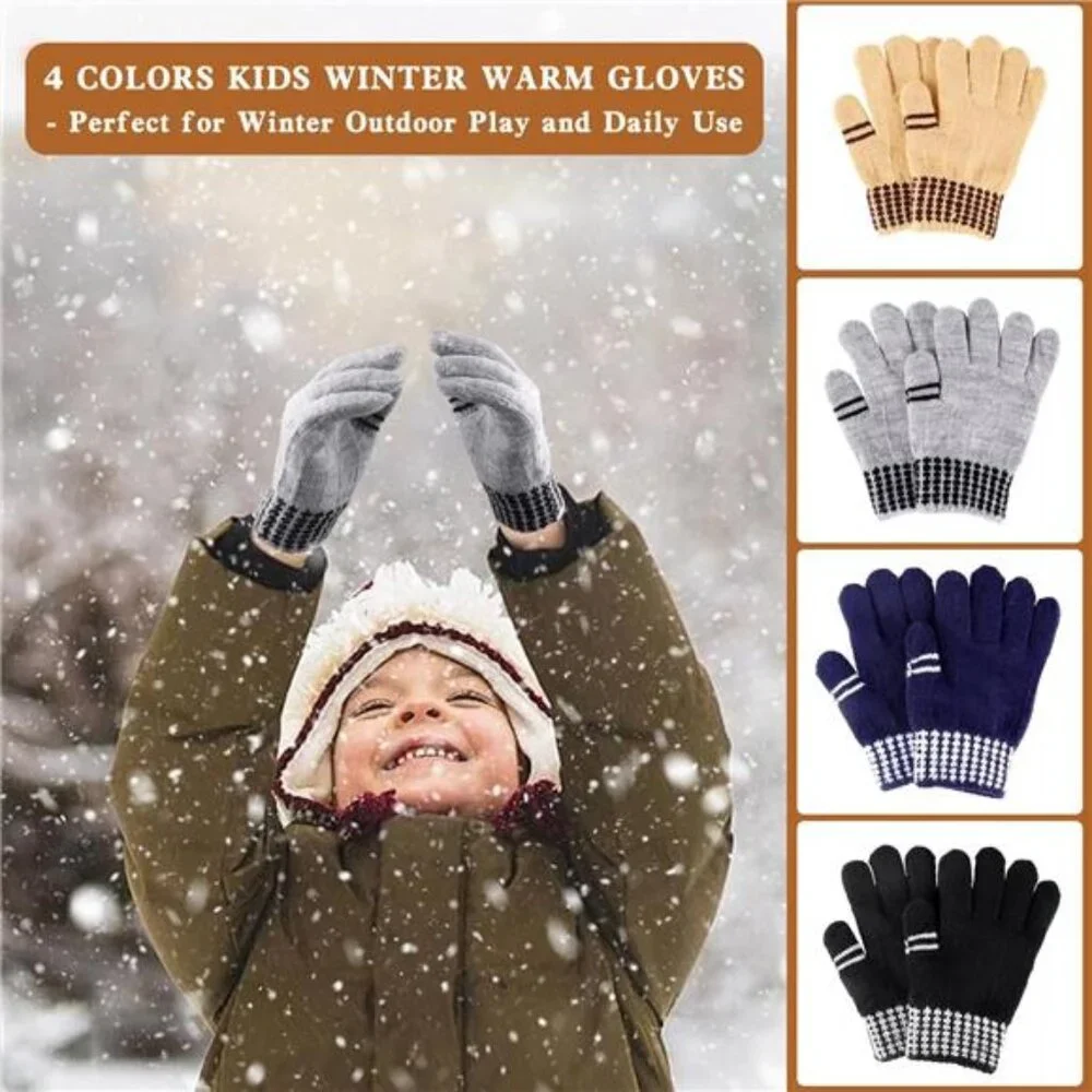4 Pairs Kids Boys Winter Gloves Mittens Knitted Ski Mittens for Ages 5-12